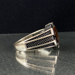 Round Tiger Eye Gemstone 925 Sterling Silver Men Ring