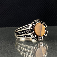 Round Tiger Eye Gemstone 925 Sterling Silver Men Ring