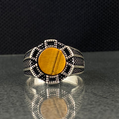 Round Tiger Eye Gemstone 925 Sterling Silver Men Ring