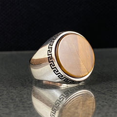 Round Tiger Eye Gemstone 925 Sterling Silver Men Ring