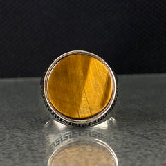 Round Tiger Eye Gemstone 925 Sterling Silver Men Ring