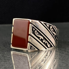 Square Red Agate Gemstone 925 Sterling Sİlver Men Ring