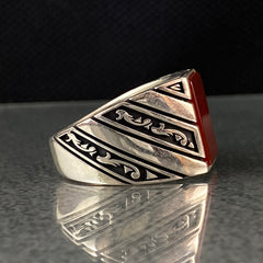 Square Red Agate Gemstone 925 Sterling Sİlver Men Ring