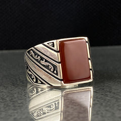 Square Red Agate Gemstone 925 Sterling Sİlver Men Ring