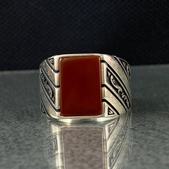 Square Red Agate Gemstone 925 Sterling Sİlver Men Ring