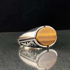 Oval Tiger Eye 925 Sterling Silver Handmade Men Ring