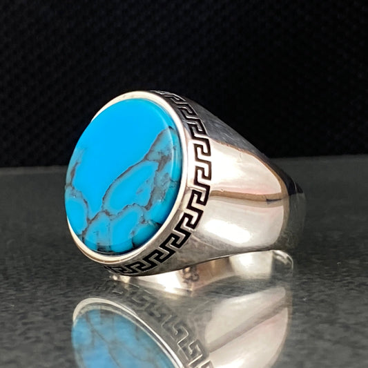 Round Turquoise Stone 925 Sterling Silver Men Ring