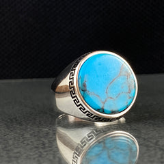 Round Turquoise Stone 925 Sterling Silver Men Ring