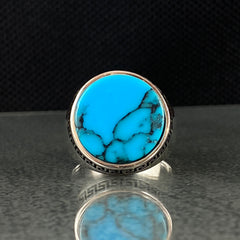 Round Turquoise Stone 925 Sterling Silver Men Ring