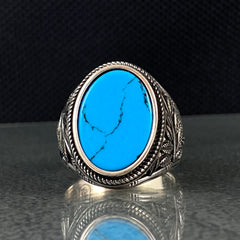 Oval Turquoise Stone 925 Solid Silver Handmade Men Ring