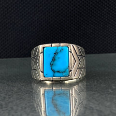 Square Turquoise Stone 925 Sterling Silver Men Ring