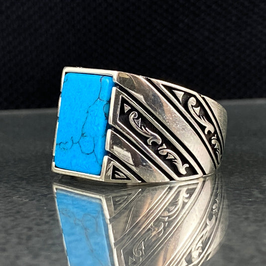 Square Blue Turquoise Gemstone 925 Sterling Silver Men Ring