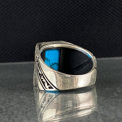 Square Blue Turquoise Gemstone 925 Sterling Silver Men Ring