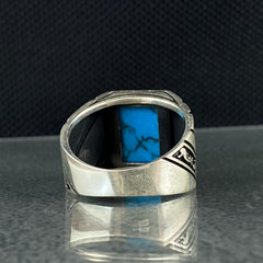 Square Blue Turquoise Gemstone 925 Sterling Silver Men Ring