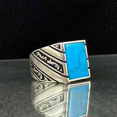 Square Blue Turquoise Gemstone 925 Sterling Silver Men Ring