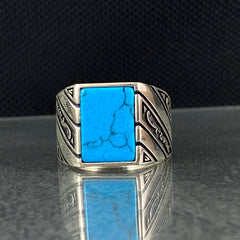 Square Blue Turquoise Gemstone 925 Sterling Silver Men Ring