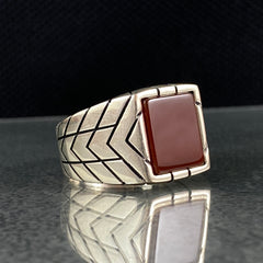 Square Red Agate Stone 925 Solid Silver Handmade Men Ring