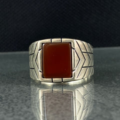 Square Red Agate Stone 925 Solid Silver Handmade Men Ring