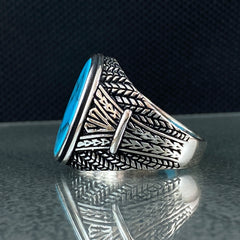 Oval Blue Turquoise Stone 925 Solid Silver Men Ring