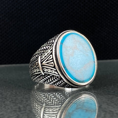 Oval Blue Turquoise Stone 925 Solid Silver Men Ring