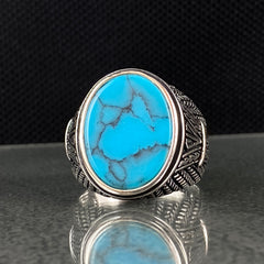 Oval Blue Turquoise Stone 925 Solid Silver Men Ring