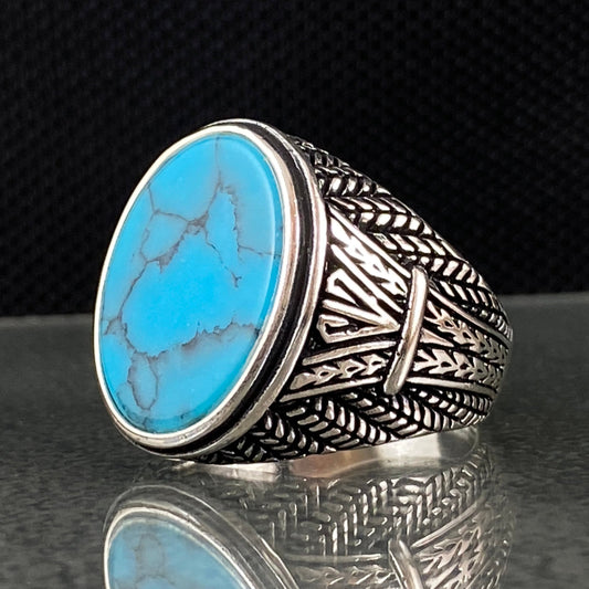 Oval Blue Turquoise Stone 925 Solid Silver Men Ring