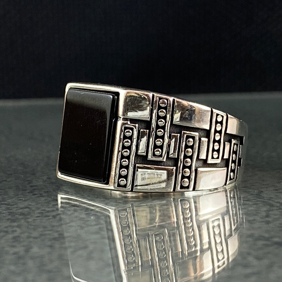 Square Onyx Black Stone 925 Sterling Silver Men Ring