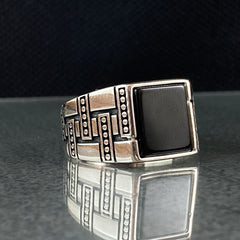 Square Onyx Black Stone 925 Sterling Silver Men Ring