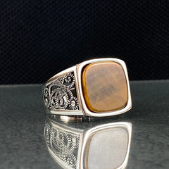 Brown Tiger Eye Stone 925 Sterling Silver Men Ring