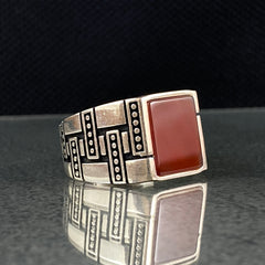 Square Red Agate Stone 925 Sterling Silver Ring