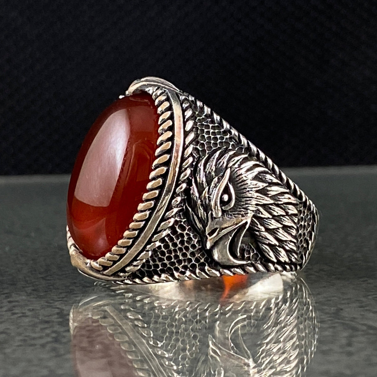 Eagle Head Red Stone 925 Sterling Silver Ring For Men