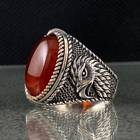 Eagle Head Red Stone 925 Sterling Silver Ring For Men