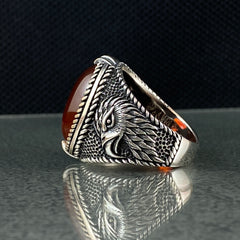 Eagle Head Red Stone 925 Sterling Silver Ring For Men