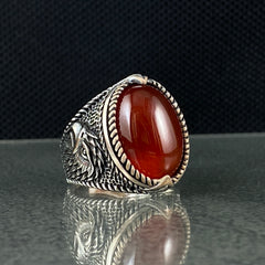 Eagle Head Red Stone 925 Sterling Silver Ring For Men