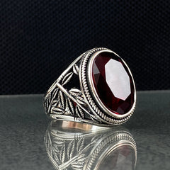 Oval Red Ruby Gemstone 925 Sterling Silver Men Ring