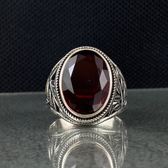 Oval Red Ruby Gemstone 925 Sterling Silver Men Ring