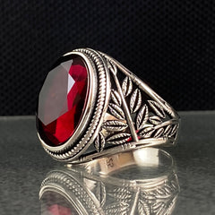 Oval Red Ruby Gemstone 925 Sterling Silver Men Ring