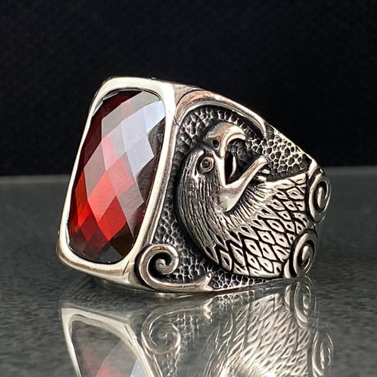 Red Ruby Stone Eagle Animal 925 Solid Silver Ring