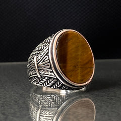 Oval Brown Tiger Eye Gemstone 925 Sterling Silver Ring