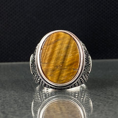 Oval Brown Tiger Eye Gemstone 925 Sterling Silver Ring