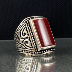 Large Red Agate Stone 925 Sterling Silver Ring