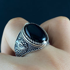 Oval Black Onyx Gemstone Eagle Animal 925 Sterling Silver Handmade Ring