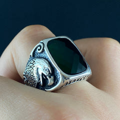 Eagle Emerald Stone 925 Sterling Silver Handmade Men Ring