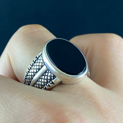 Oval Black Onyx Stone 925 Sterling Silver Handmade Men Ring