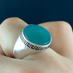 Round Green Agate Gemstone 925 Sterling Silver Handmade Men Ring