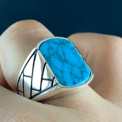 Blue Turquoise Stone 925 Sterling Silver Handmade Men Ring