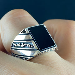 Square Black Onyx Stone 925 Sterling Silver Handmade MEn Ring