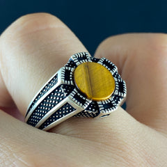 Round Tiger Eye Gemstone 925 Sterling Silver Men Ring