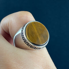 Round Tiger Eye Gemstone 925 Sterling Silver Men Ring