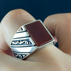 Square Red Agate Gemstone 925 Sterling Sİlver Men Ring